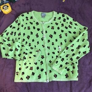NWOT Berek Vintage Green Leopard Print Jeweled  Button Front Cardigan